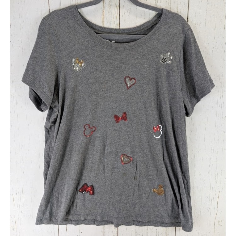 Disney Size 1 Gray Sequin Mickey Mouse Print Short Sleeve Womens Top
